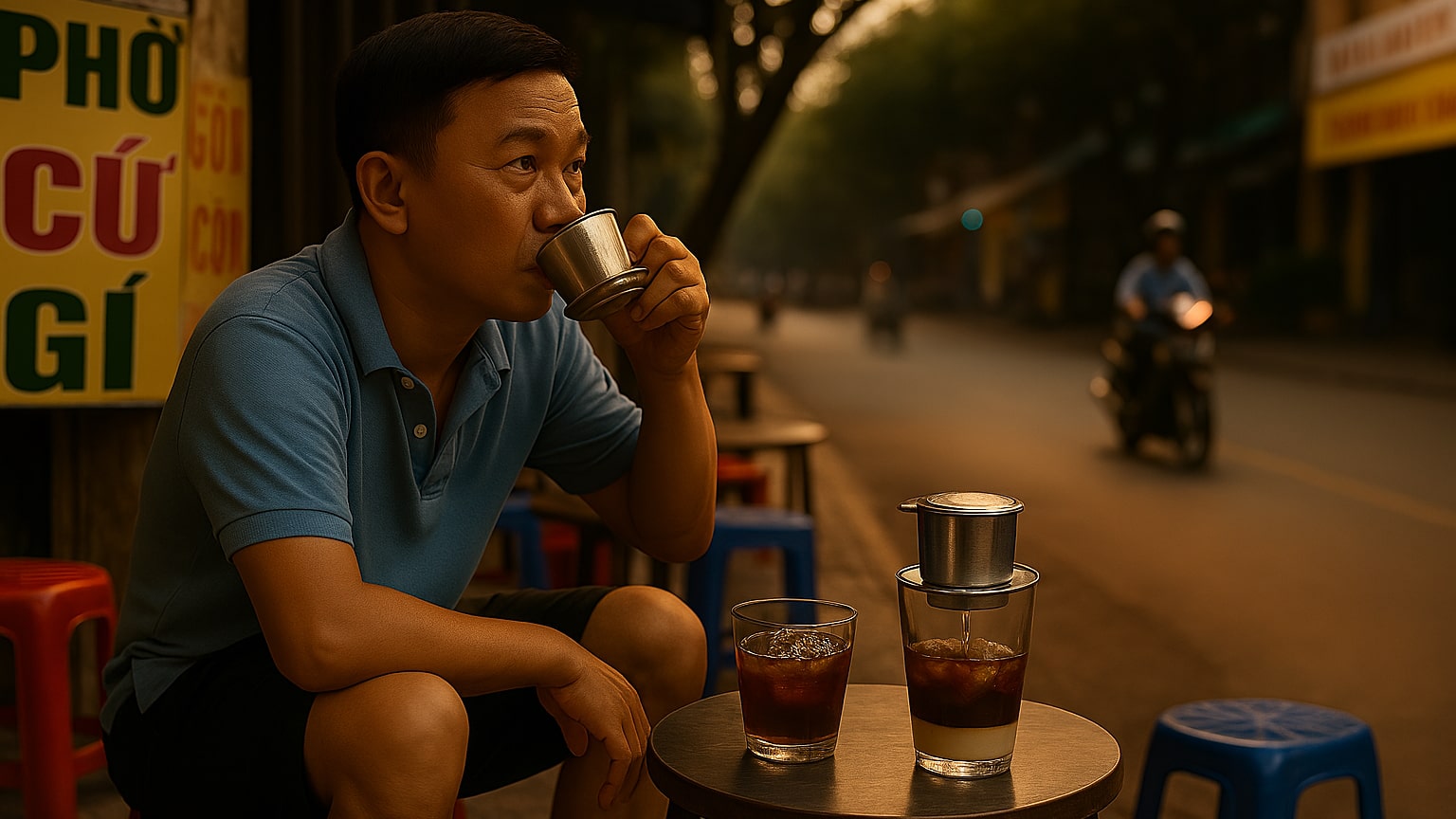 Vietnamese Coffee Culture — Man Drinking Vietnamese Iced Coffee at Street Café