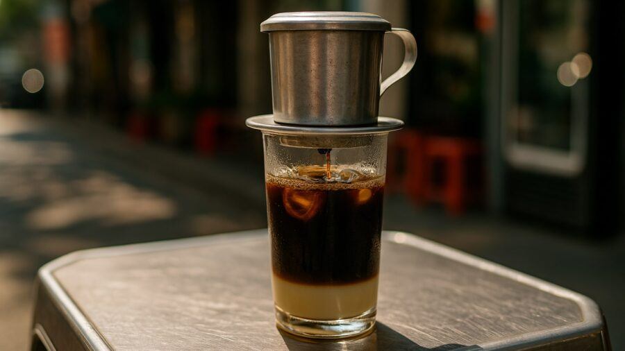 Vietnamese Coffee Culture — Phin Filter Dripping Over Iced Coffee Vietnamese Coffee Culture — Phin Filter Brewing Vietnamese Iced Coffee