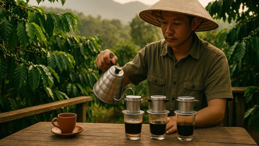 Vietnamese Coffee Culture — Brewing with Phin Filters in Buôn Ma Thuột Vietnamese Coffee Culture — Man Brewing Coffee with Phin Filters Outdoors