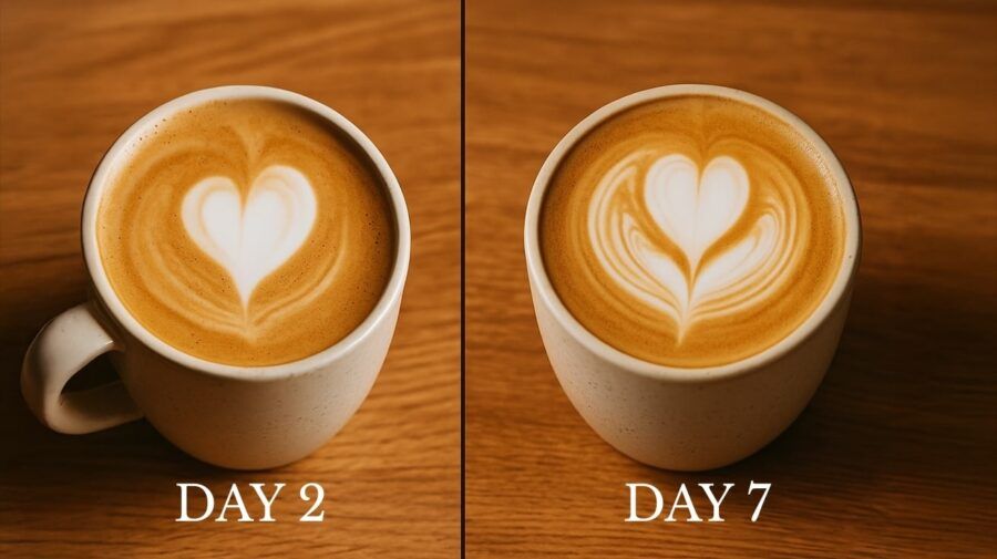 Latte Art Challenge — Day 2 vs Day 7 Comparison Showing Beginner and Refined Heart Latte Art in Matching Ceramic Mugs