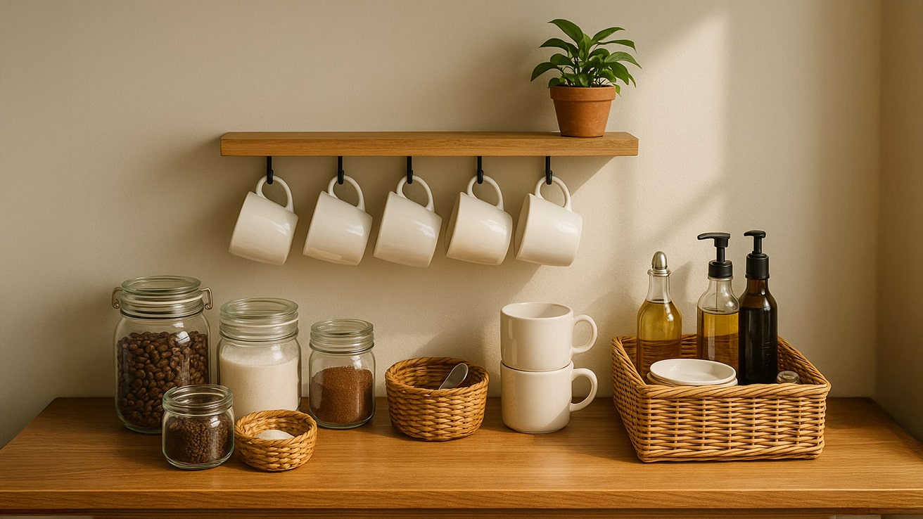 DIY Coffee Bar Organization Hacks with Glass Jars, Baskets, and Mugs on a Wooden Counter