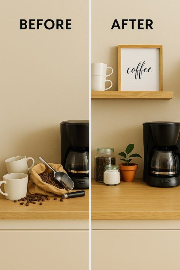 DIY Coffee Bar Organization Hacks Before and After with Cluttered and Tidy Countertop