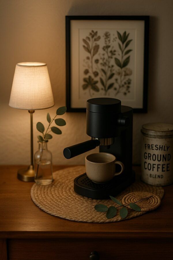 Espresso Nook with Black Espresso Machine, Table Lamp, Botanical Print, Vintage Coffee Tin, and Eucalyptus Sprig