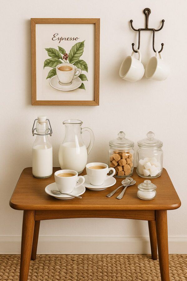 Espresso Bar at Home — Side Table with Espresso Cups, Milk Jugs, Sugar Jars, Spoons, and Framed Coffee Print