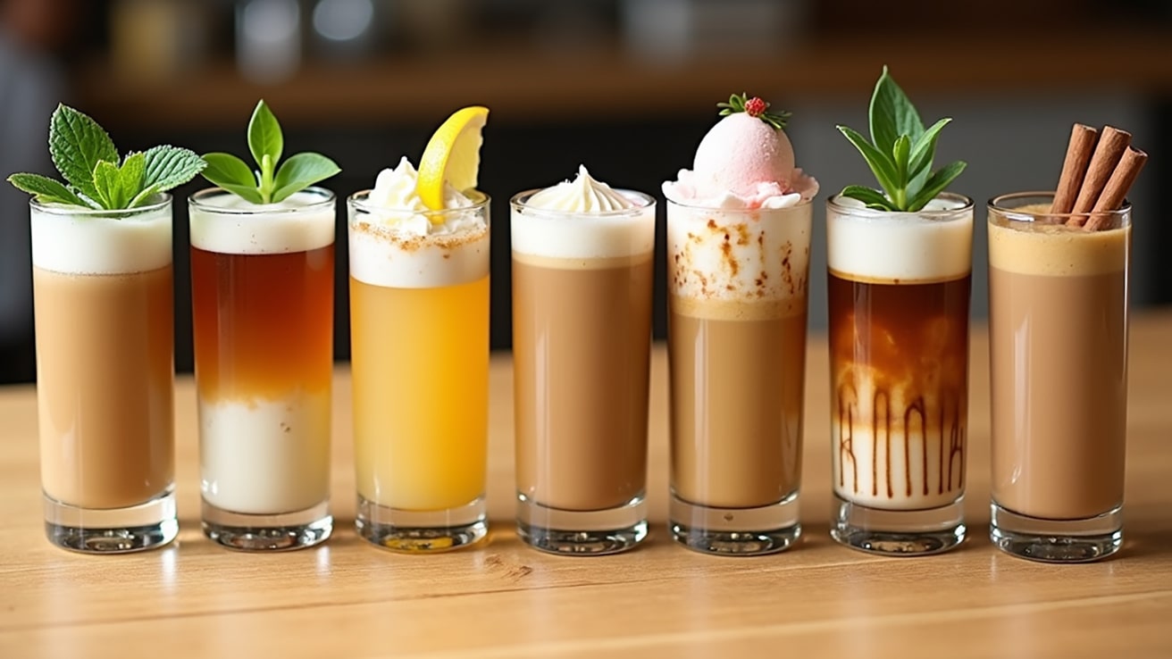 Espresso Drink Ideas Lineup with Seven Unique Espresso-Based Drinks, Each Garnished Differently in Tall Glasses on a Wood Counter