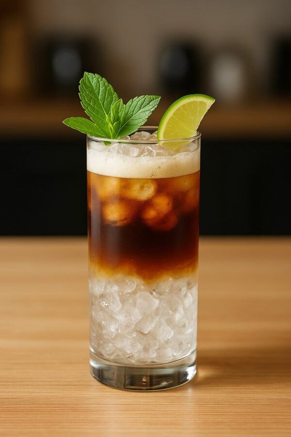 Espresso Drink Ideas — Espresso Mojito Mocktail With Lime and Mint Espresso Mojito Mocktail with Fresh Mint Sprig and Lime Wedge, Layered Over Ice in a Tall Glass