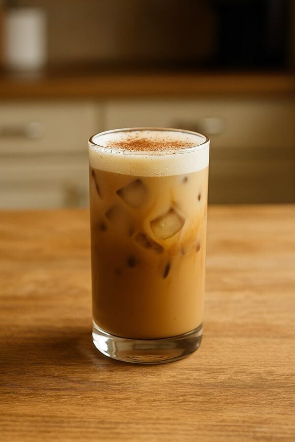 Espresso Drink Ideas — Iced Dirty Chai Shaker With Cinnamon Dirty Chai Shaker with Ice Cubes in a Clear Glass, Topped with Cinnamon, on a Kitchen Counter