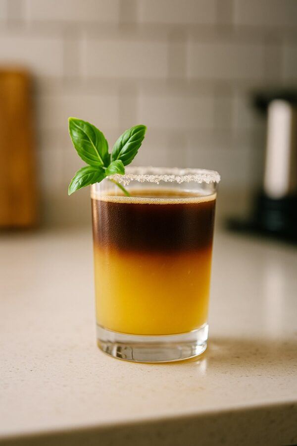 Espresso Drink Ideas — Espresso Lemonade Twist Espresso Drink Ideas — Espresso Lemonade Twist in a Short Glass, Sugar Rim, Fresh Basil Sprig, Kitchen Counter, Bright Layered Espresso and Lemonade