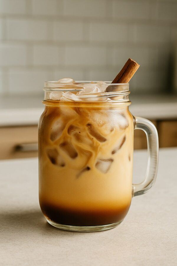 Espresso Drink Ideas — Cinnamon Maple Espresso Iced Cinnamon Maple Espresso in a Mason Jar with Ice Cubes, Cinnamon Stick Garnish, Creamy Milk Swirl