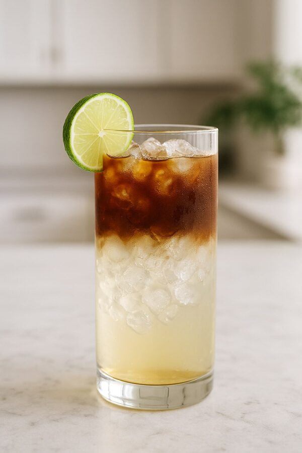 Espresso Drink Ideas — Coconut Water Espresso Refresher With Lime Coconut Water Espresso Refresher with Lime Wedge and Crushed Ice in a Tall Glass, Modern Kitchen