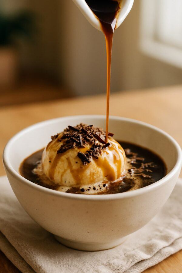 Espresso Drink Ideas — Affogato Float With Gelato and Chocolate Shavings Espresso Drink Ideas — Affogato Float Dessert with a Scoop of Gelato, Shaved Chocolate, and Espresso Being Poured Over in a White Bowl