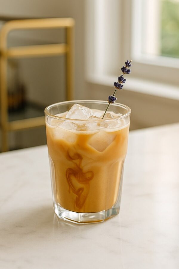 Honey Lavender Iced Espresso — Espresso Drink Ideas Honey Lavender Iced Espresso in a Clear Glass with Ice Cubes and a Sprig of Dried Lavender, Set on a Marble Counter