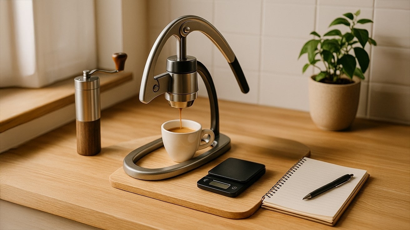Espresso for One — Manual Espresso Machine with Grinder, Scale, and Notebook