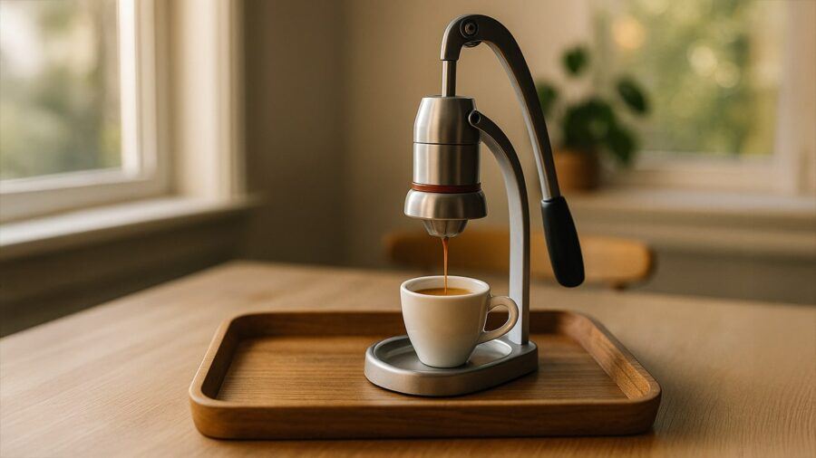 Espresso for One — Manual Espresso Machine Brewing Into White Demitasse Cup