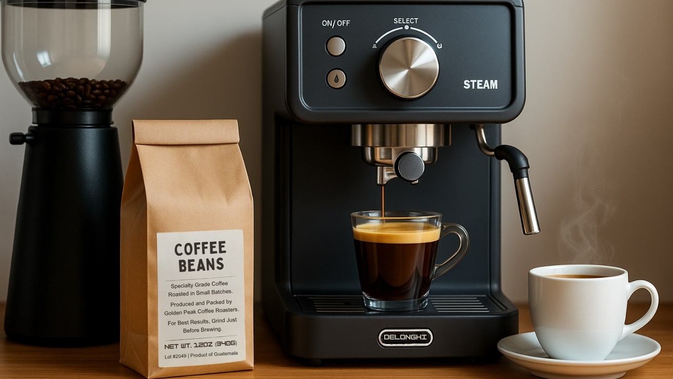 Espresso Glossary — Modern Home Espresso Bar Setup with Grinder, Espresso Machine, Artisan Coffee Bag, and Steaming Cup on Wooden Counter