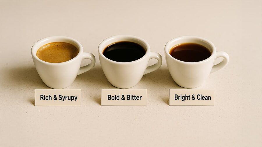 Espresso vs Moka vs AeroPress — Coffee Tasting Cups Comparison Espresso vs Moka vs AeroPress — Three White Coffee Cups in a Row with Labels: Rich & Syrupy, Bold & Bitter, Bright & Clean