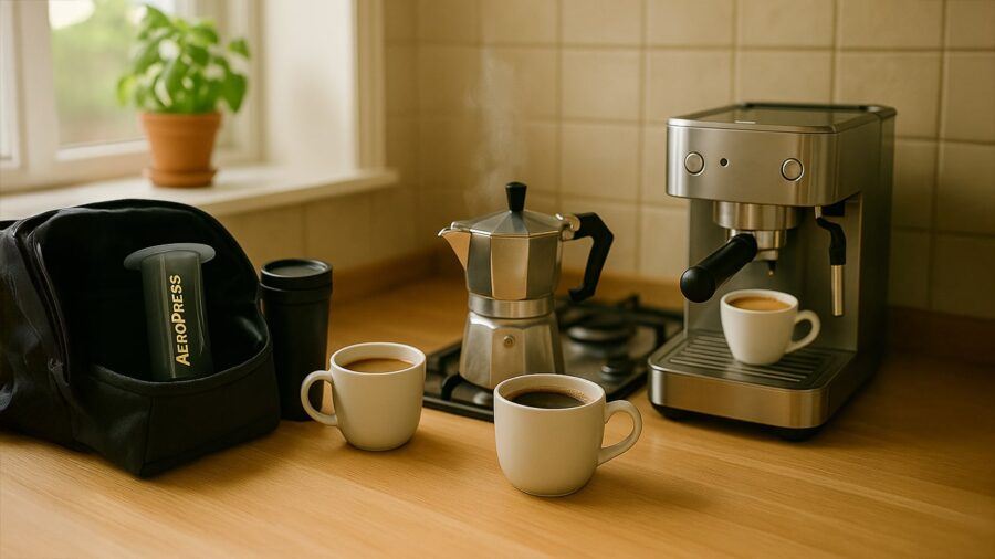 Espresso vs Moka vs AeroPress — Real-Life Coffee Brewing Setups Espresso vs Moka vs AeroPress — Three Coffee Makers in Real Kitchen: AeroPress in Travel Bag, Moka Pot with Steam on Stove, Espresso Machine with Demitasse, and Plant by Window
