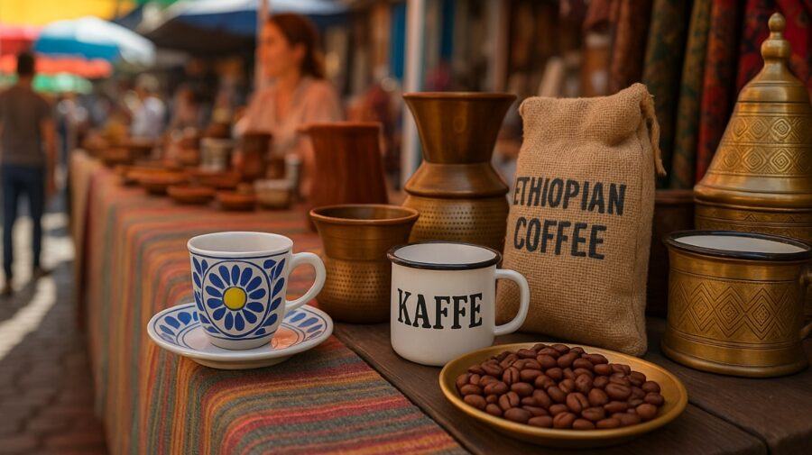 Best Coffee Souvenirs — Blue-Patterned Cup, White Mug Labeled “Kaffe,” Burlap Bag Labeled “Ethiopian Coffee,” Coffee Beans on a Plate, and Brass Vessels on a Market Stall
