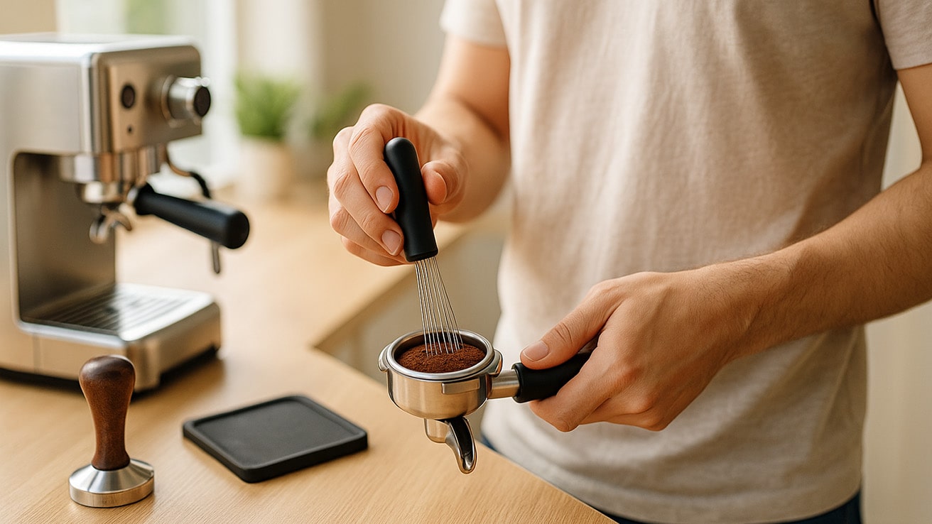 Best WDT Tool for Espresso — Home Barista Stirs Freshly Ground Coffee in a Portafilter Using a WDT Tool Beside a Modern Espresso Machine