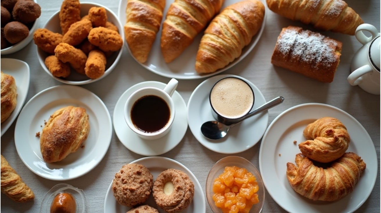 Coffee and Food Pairings — Table Filled With an Assortment of Pastries, Croissants, Cookies, and Two Cups of Coffee, Arranged on White Plates for Breakfast