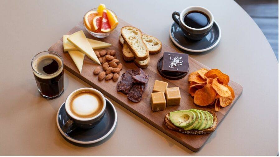 A Wooden Snack Board with Coffee and a Variety of Creative Pairings, Including Cheese, Citrus Salad, Toast, Nuts, Jerky, Chocolate, Caramel, Avocado Toast, and Sweet Potato Chips