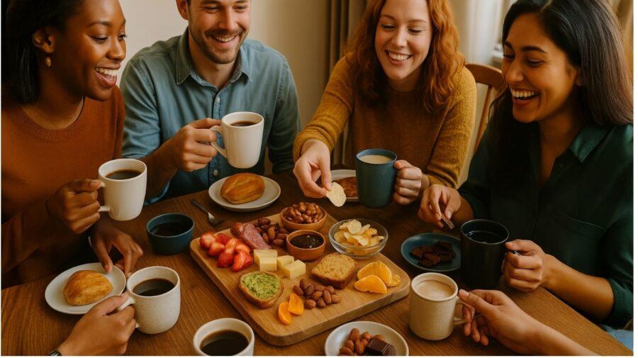 Coffee and Food Pairings — A Group of Friends Gathered Around a Table, Enjoying Coffee and Sampling a Variety of Snacks, Including Fruit, Cheese, Nuts, Toast, and Pastries
