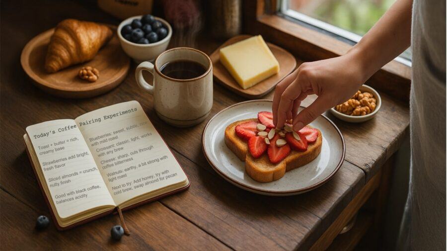 Cozy Kitchen Scene with a Notebook Labeled "Today's Coffee Pairing Experiments," a Cup of Coffee, Toast With Strawberries and Almonds, Cheese, Blueberries, Walnuts, and a Croissant