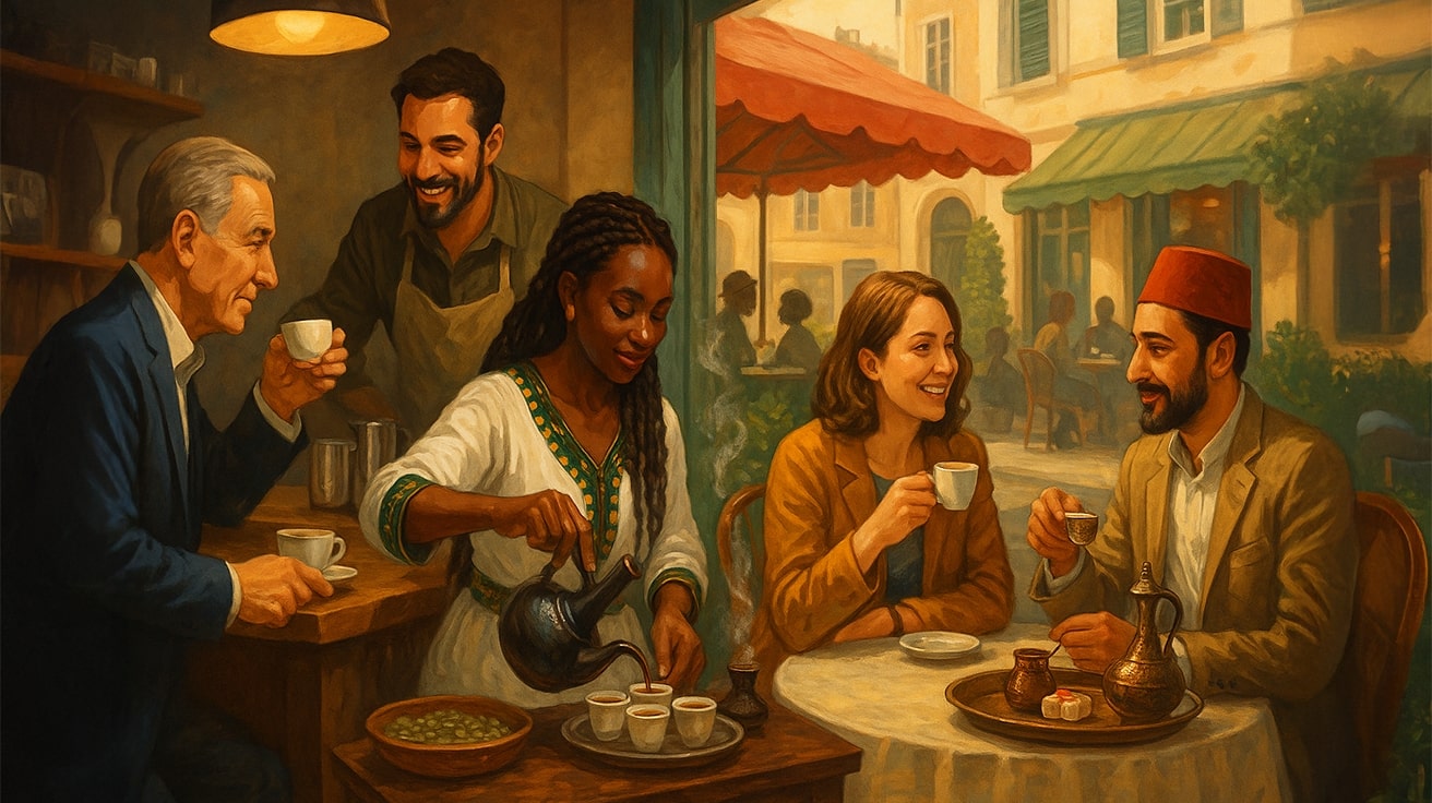 Coffee Etiquette Around the World — Four People Representing Different Cultures Are Drinking Coffee Together at a Café Table, with Traditional Cups and Coffee Sets Visible