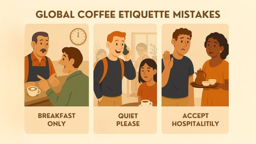 Coffee Etiquette Around the World — Infographic with Three Illustrated Scenes Showing Coffee Etiquette Mistakes in Italy, Japan, and an Ethiopian or Turkish Ceremony