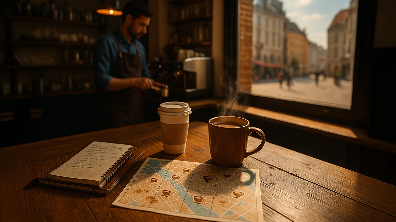 Coffee Trip Itinerary — Cozy Café Scene with a Travel Map, Coffee, and a Barista Working in the Background