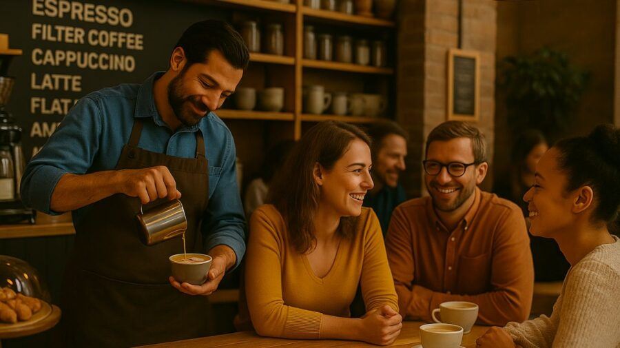 Coffee Trip Itinerary — Barista Pours Latte Art for Chatting Customers in a Lively Coffee Shop.