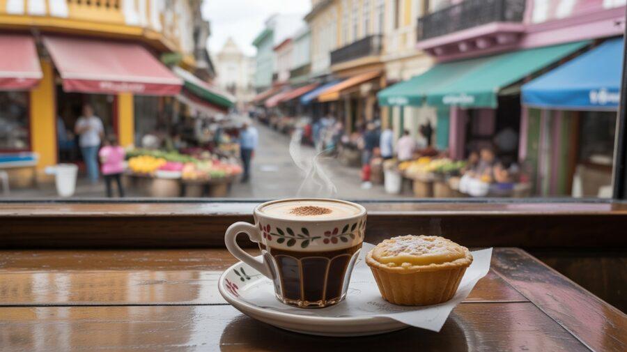 Coffee Trip Itinerary — Coffee and a Pastry by a Café Window with a View of an Outdoor Market