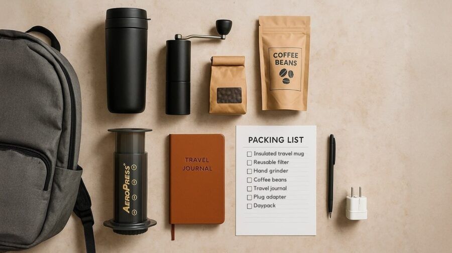 Coffee Trip Itinerary — Essential Coffee Gear and a Packing Checklist Arranged on a Table for Travel