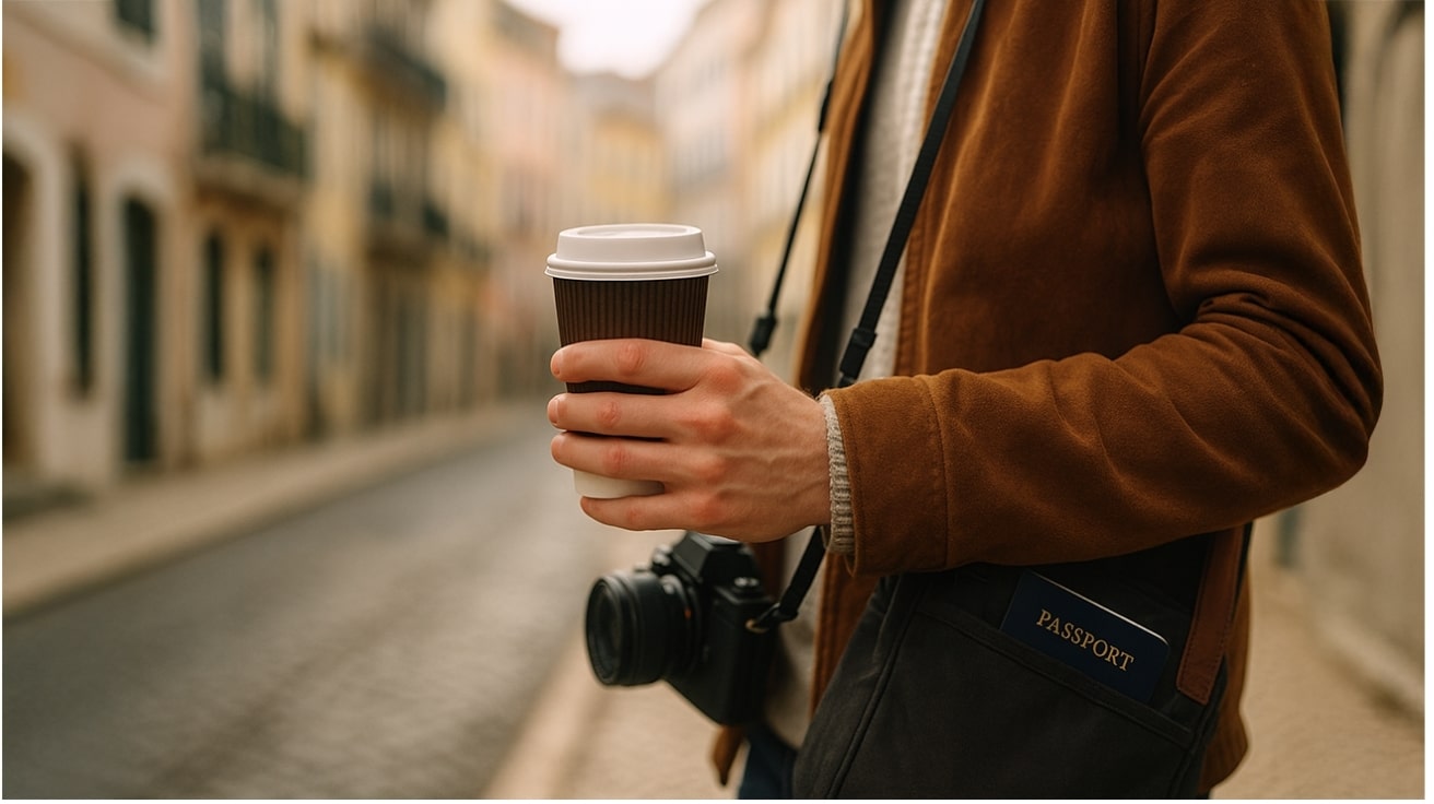 Find Good Coffee While Traveling — Traveler Holding a Takeaway Coffee Cup, Standing on a City Street with a Camera and Passport Visible