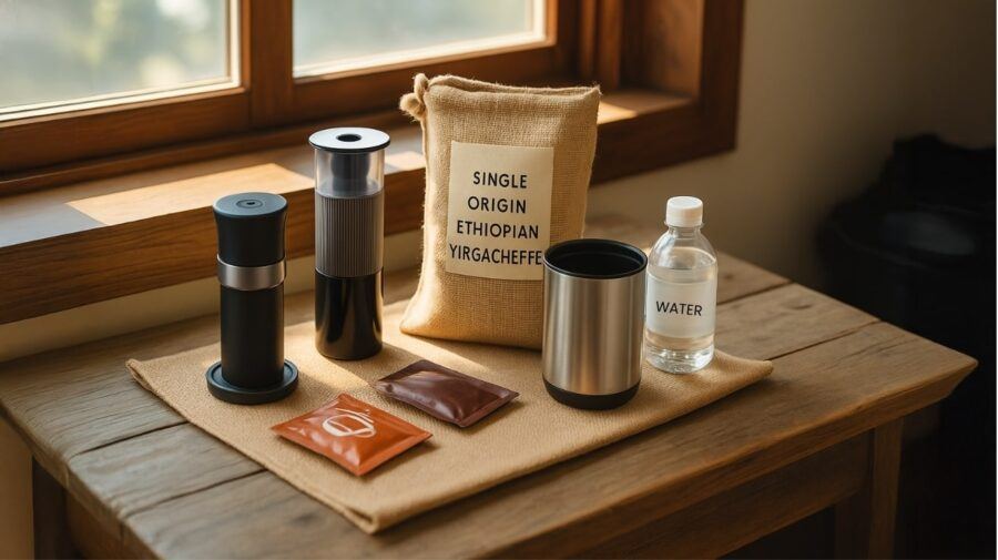 Find Good Coffee While Traveling — Portable Coffee Kit with Two Brewers, a Bag of Beans, Travel Mug, Water Bottle, and Coffee Sachets on a Wooden Table
