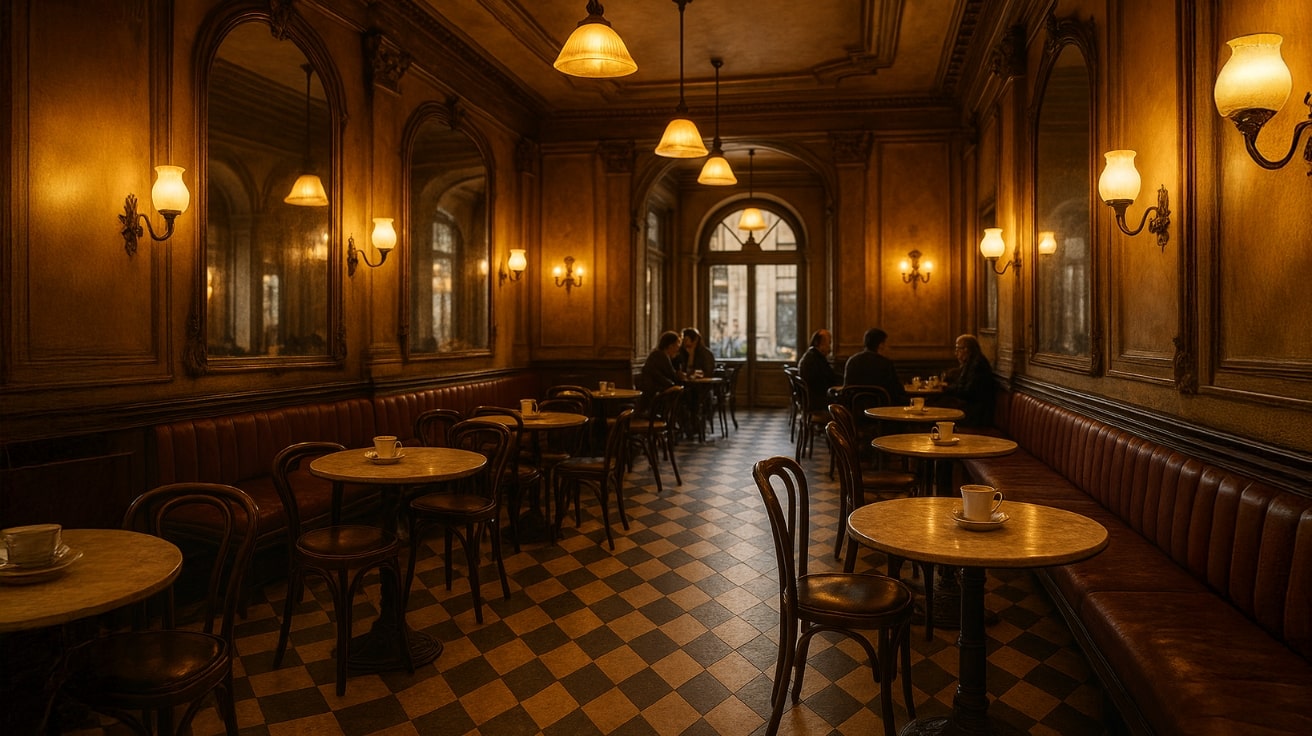 Most Famous Cafes in the World — Vintage European Café Interior with Marble Tables and Wooden Chairs